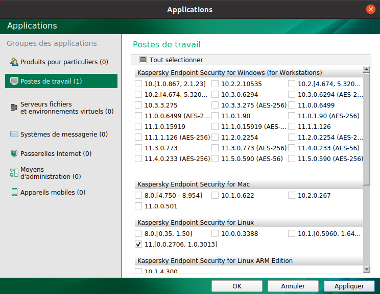 Liste des applications dans Kaspersky Update Utility 4.0 pour Linux