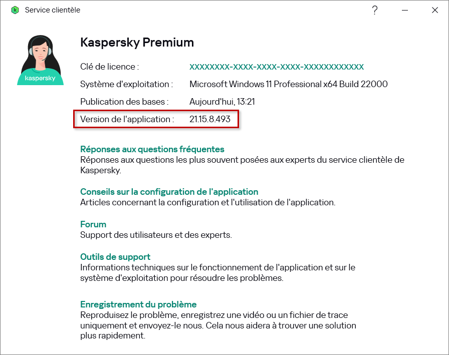 Fenêtre « Service clientèle » dans l'application de Kaspersky.