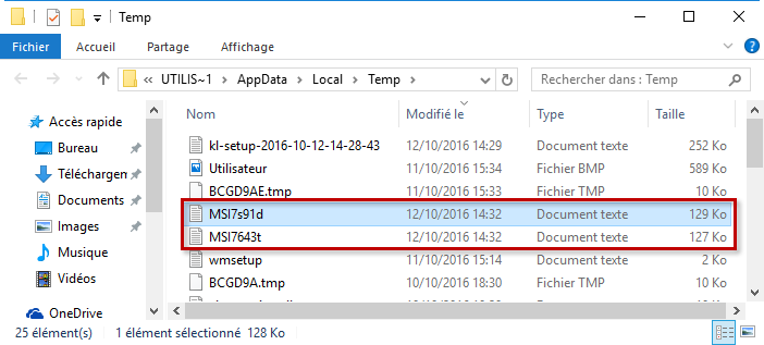 Exemple des fichiers de traces d'installation ou de suppression dans le dossier Temp