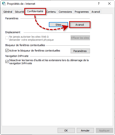 Accéder aux paramètres avancés de confidentialité d'Internet Explorer dans Windows 10