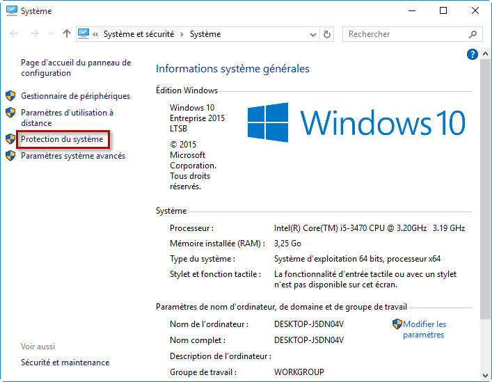 Accéder aux propriétés de la protection du système dans Windows 10