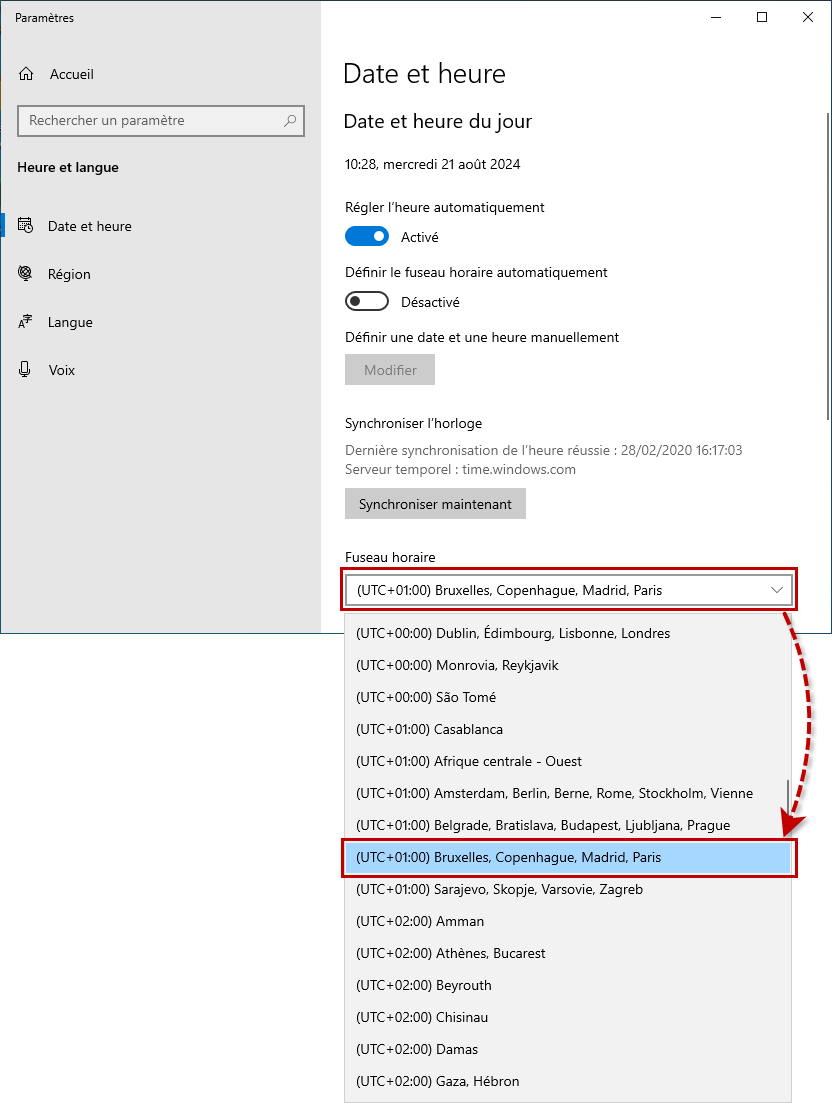 Définir le fuseau horaire dans Windows 10.