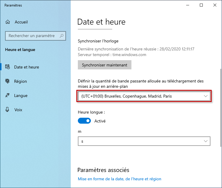 Définir le fuseau horaire dans Windows 10