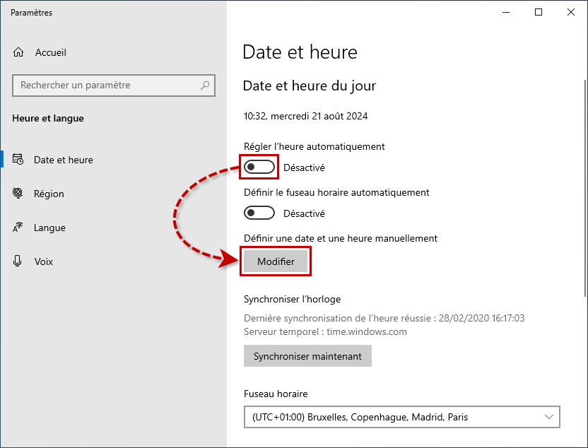 Modifier la date et l'heure dans Windows 10.