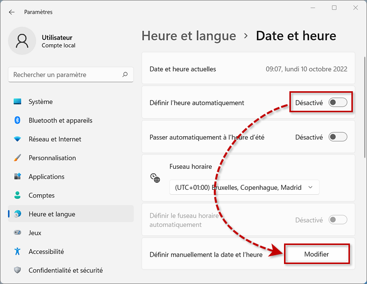 Modifier la date et l'heure dans Windows 11