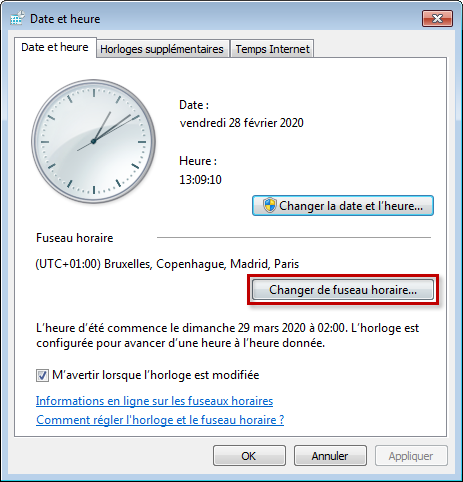 Accéder aux paramètres du fuseau horaire dans Windows Vista et Windows 7