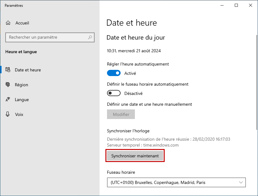 Synchroniser la date et l’heure dans Windows 10 avec un serveur Internet.