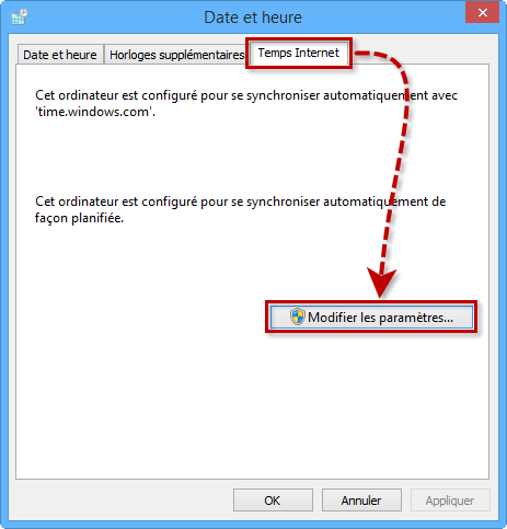 Accéder aux paramètres de synchronisation de la date et l'heure dans Windows 8 et 8.1