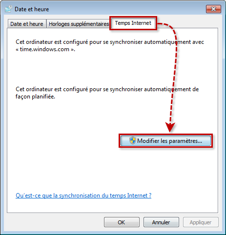 Accéder aux paramètres de synchronisation de la heure dans Windows Vista et Windows 7