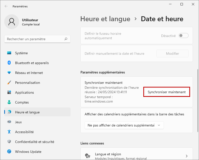 Synchroniser la date et l’heure dans Windows 11 avec un serveur Internet.