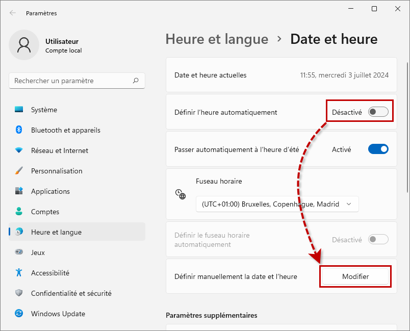 Modifier la date et l'heure dans Windows 11.