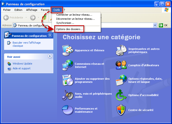 Ouvrir les Options des dossiers dans Windows XP