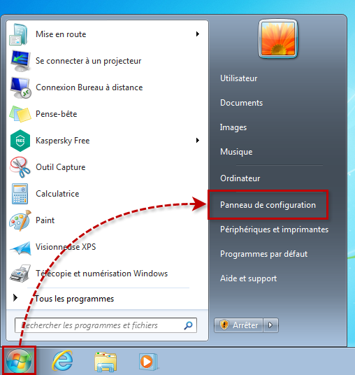 Accéder au Panneau de configuration dans Windows 7