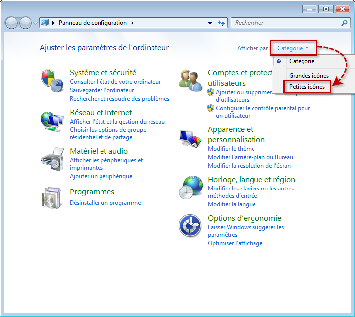 Changer le mode d'affichage des éléménents du Panneau de configuration dans Windows 7