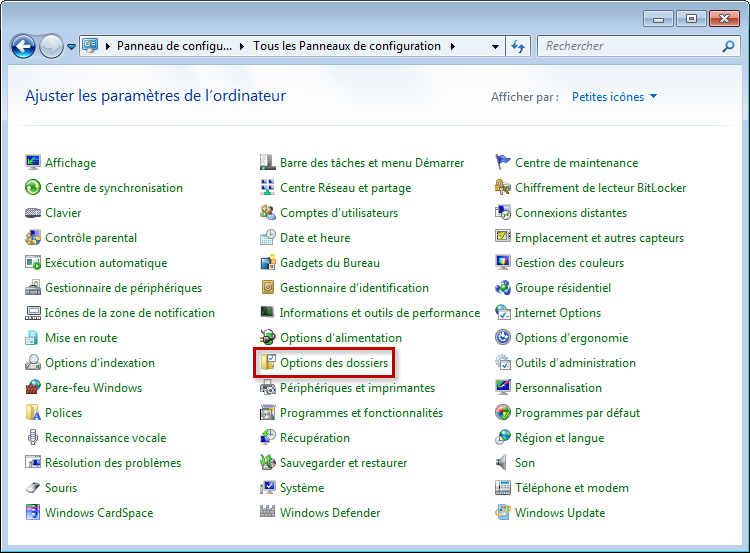 Ouvrir les Options des dossiers dans Windows 7