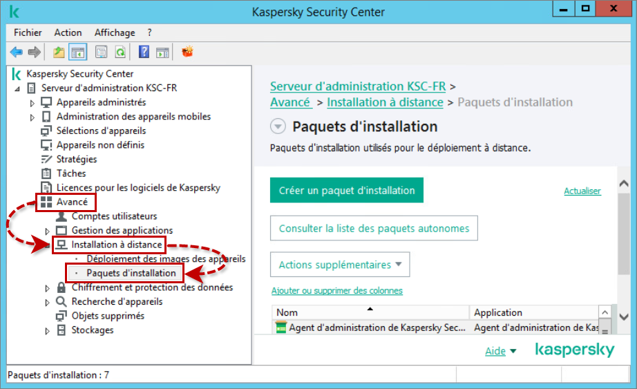 Accéder à la section « Paquets d’installation » dans Kaspersky Secuirty Center.