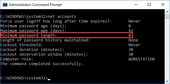 Vérifier la longueur minimale des mots de passe dans Windows 10