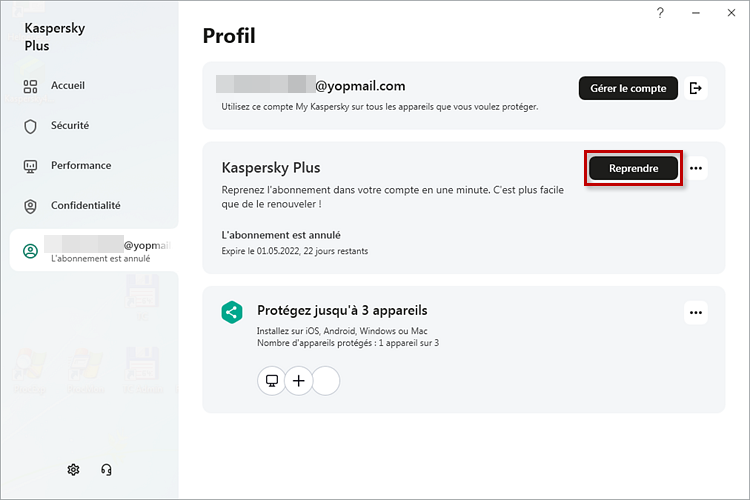 Bouton « Reprendre » dans la section Profil de Kaspersky for Windows