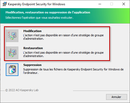 Boutons « Modification » et « Restauration » inactifs à une tentative de modifier Kaspersky Endpoint Security for Windows depuis le Panneau de configuration