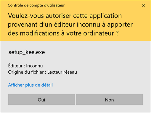 Message « Voulez-vous autoriser cette application provenant d’un éditeur inconnu à apporter des modifications à votre appareil ? » lors de l’installation de Kaspersky Endpoint Security for Windows