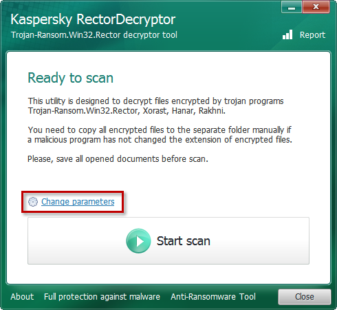Modifier les paramètres de l'analyse dans Kaspersky RectorDecryptor