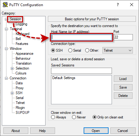 Spécifier l’adresse de connexion dans le client PuTTY