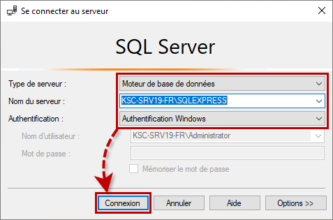 Sélection du serveur pour la connexion dans SQL Server Management Studio.
