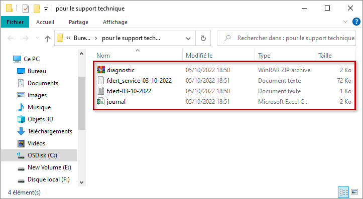 Exemple des fichiers à envoyer au support technique de Kaspersky