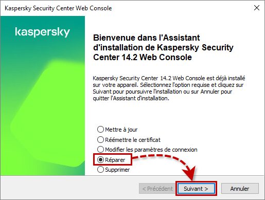 Réparer Kaspersky Security Center Web Console dans l’assistant d’installation.