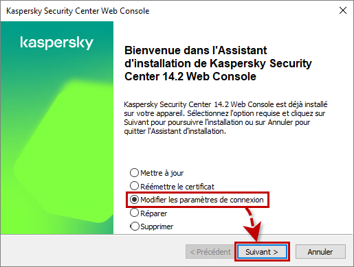 Modifier les paramètres de connexion de Kaspersky Security Center Web Console.