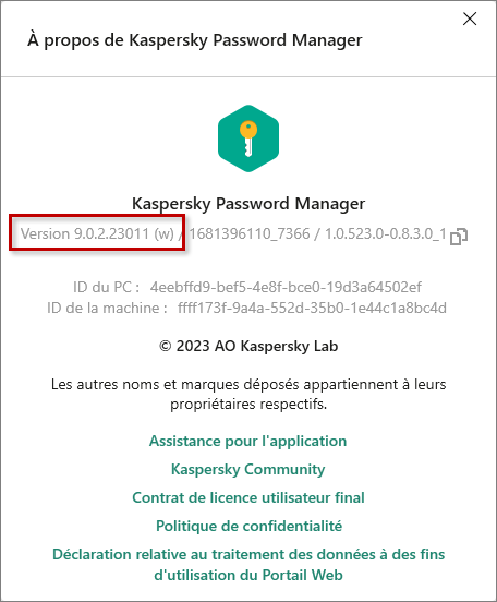 Consulter la version de Kaspersky Password Manager for Windows