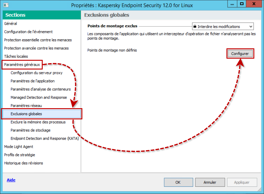 Configurer les exclusions globales dans la stratégie de Kaspersky Endpoint Security for Linux.