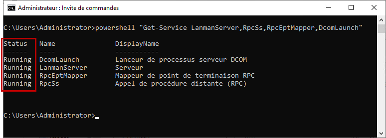Résultats d'exécution de la commande pour vérifier l’état des services LanmanServer, RPC, DCOM.