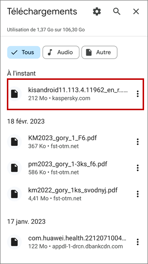 Fichier .apk de Kaspersky for Andoird dans Téléchargements de Chrome.