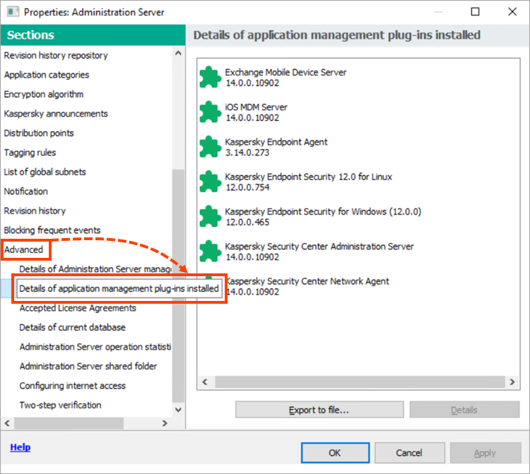 Visualizzazione delle informazioni su tutti i plug-in di gestione applicazioni installati in Kaspersky Security Center.