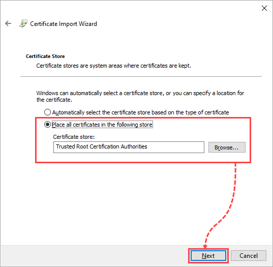 Selezione dell'archivio per il certificato DigiCert Assured ID Root CA nella finestra Importazione guidata certificati.