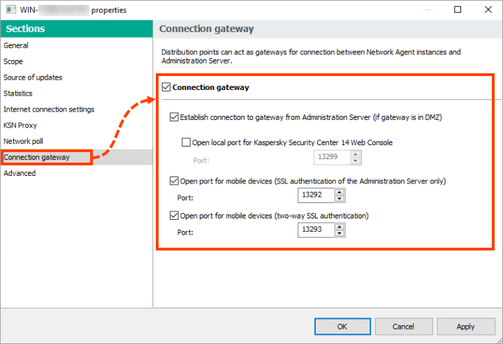 Apertura delle porte per i dispositivi mobili nella sezione Gateway