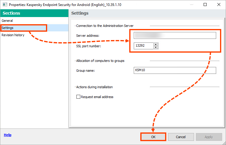 Specifica dell'indirizzo del server e controllo del numero di porta SSL.