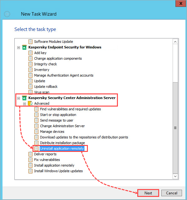 Attività Disinstalla l'applicazione in remoto in Kaspersky Security Center.