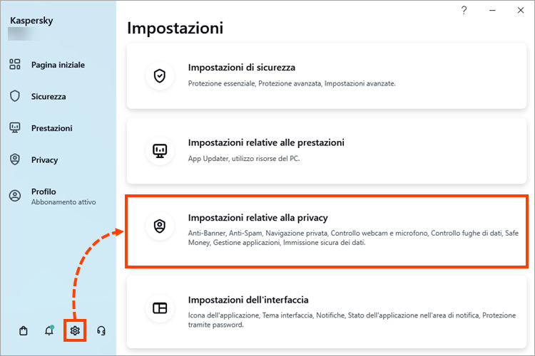 Finestra Impostazioni relative alla privacy in un'applicazione Kaspersky