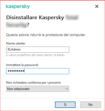 Immissione della password per rimuovere un'applicazione Kaspersky