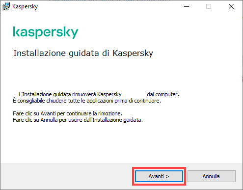 Avvio della rimozione di un'applicazione Kaspersky