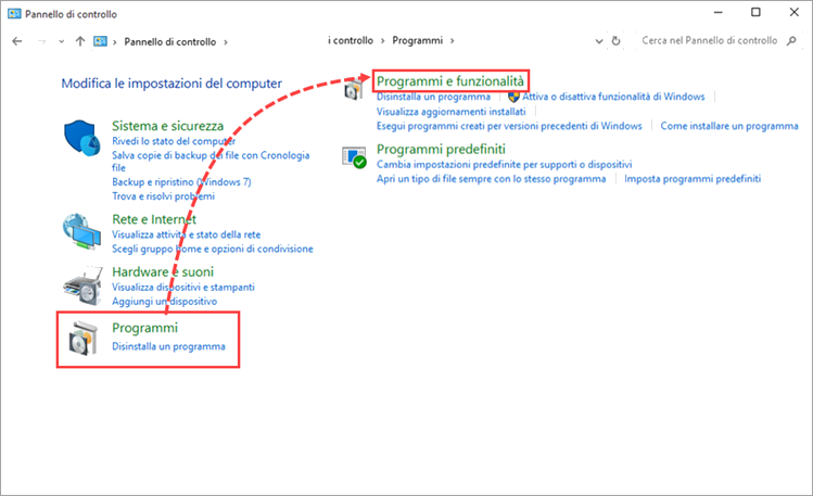 Apertura di Programmi e funzionalità in Windows
