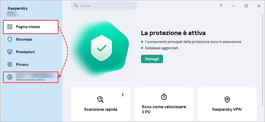 Apertura del profilo nella finestra principale di un'applicazione Kaspersky.