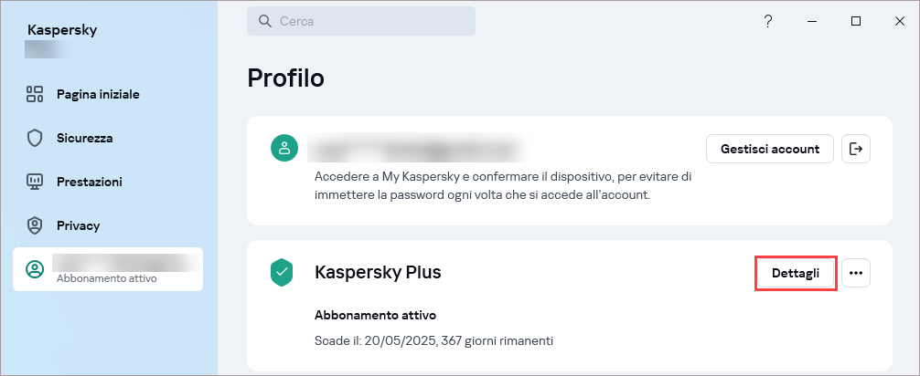 Apertura della finestra Dettagli dell'abbonamento in un'applicazione Kaspersky.