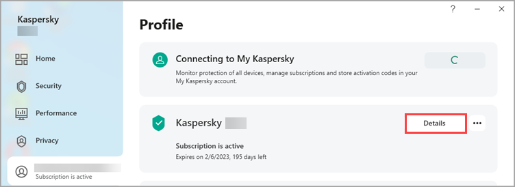 Apertura della finestra Dettagli dell'abbonamento in un'applicazione Kaspersky