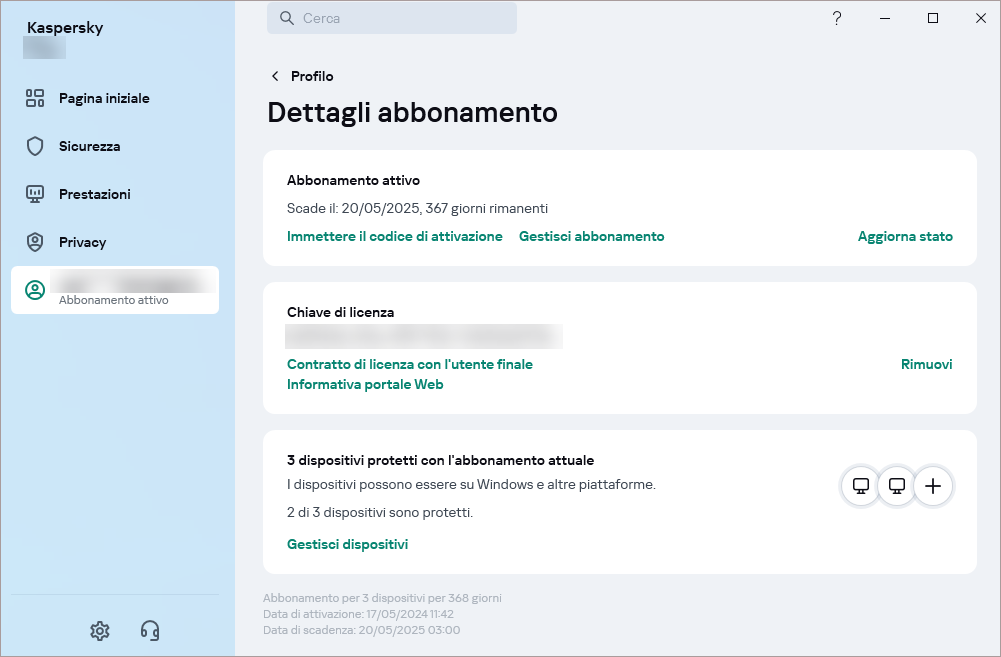 Finestra Dettagli dell'abbonamento in un'applicazione Kaspersky.