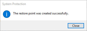 Notifica della creazione del punto di ripristino in Windows 10.