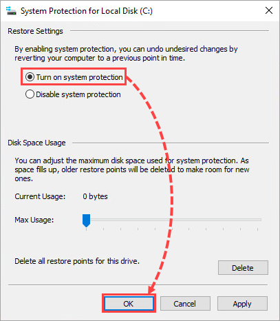 Abilitazione della protezione del sistema in Windows 10.