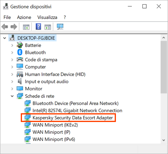 Kaspersky Security Data Escort Adapter visualizzato in Gestione dispositivi di Windows
